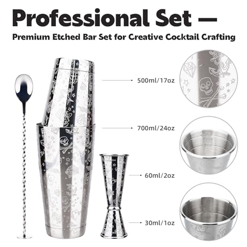 MeowvCraft Boston Cocktail Shaker Set, Bartender Kit 3-Piece with Jigger, Mixing Spoon, Etched Mermaid Design Stainless St...