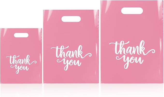 Odseciran 200PCS Reusable Thank You Bags for Business Small, Durable Plastic Bag with Handle for Store, 3 Sizes Shopping G...