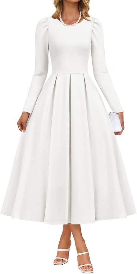 ZESICA Women's Long Sleeve Midi Dresses 2026 Fall Elegant Crewneck Swing A Line Wedding Guest Party Dress with Pockets