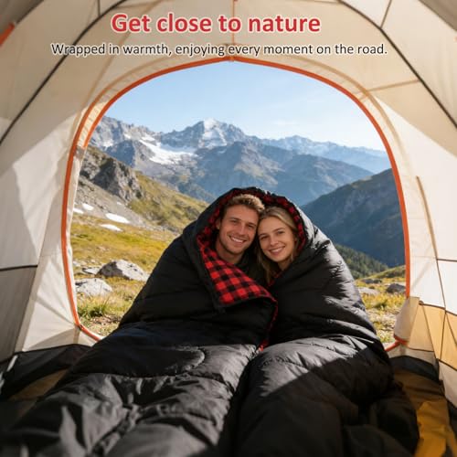 Swtmerry Double Sleeping Bag for Adults with 2 Pillows, Big & Tall Queen Size XL Sleeping Bag for 2 Person, Waterproof & L...