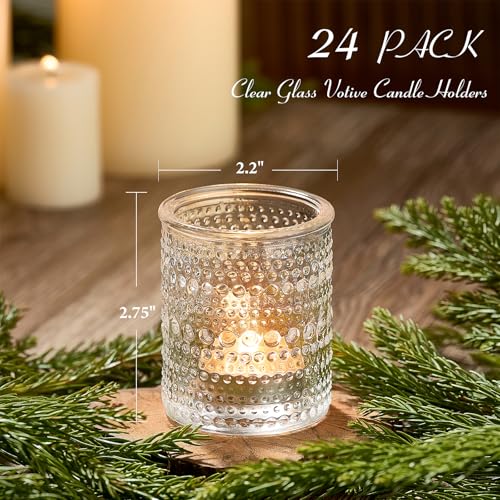 24 Pack Clear Glass Votive Candle Holders, Vintage Candle Holder for Floating Candle, Tealight Candle Holder for Table Cen...