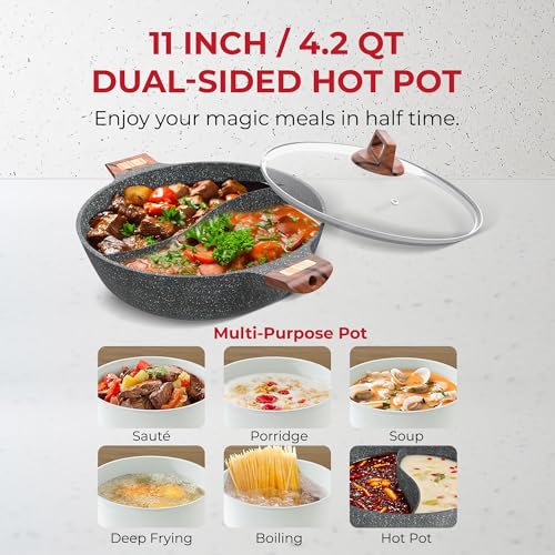 Rosewill 4.2QT Double Flavor Non-Sticking Shabu Shabu Hot Pot with Divider, 13 inch Divided Stockpot for Cooking, Hot Pot ...