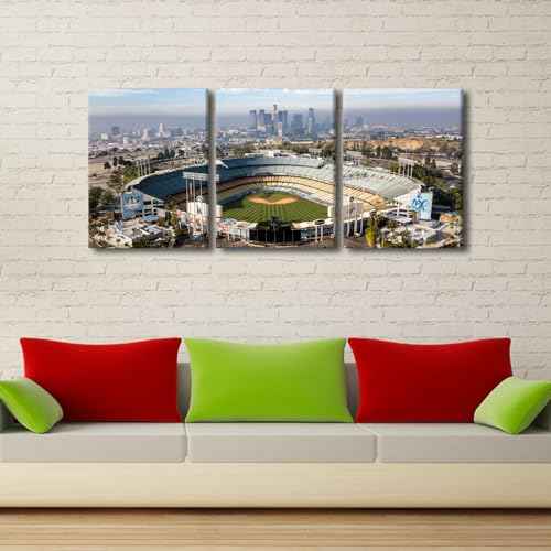 Los Angeles California Panoramic Skyline Cityscape Aerial over Dodger Stadium Painting for Living Room Decor HD Prints on Canvas Giclee Artwork Framed 3 Panels Ready to Hang, 36" Wx16 H