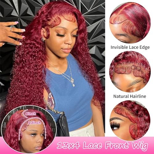 DJFG Deep Wave Lace Front Wigs Human Hair Curly Wig Human Hair HD Frontal 200 Density 13x6 Lace 99j Burgundy Red 18 Inch