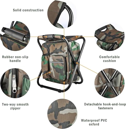 Kikerike Folding Stool Backpack Insulated Cooler Bag, Collapsible Camping Hunting Fishing Multifunction Chair with Front P...