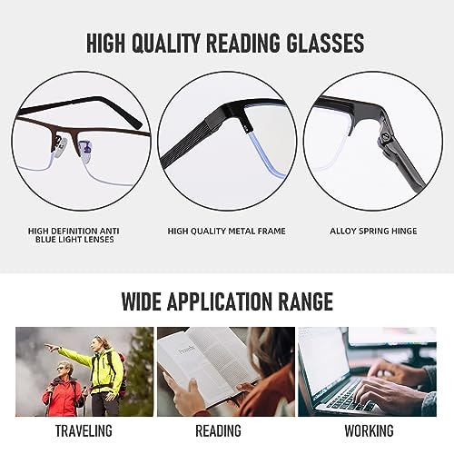 Anourney 3-Pack Reading Glasses for Men, Lightweight Metal Half Frame Blue Light Blocking Computer Readers, Stylish Filter...