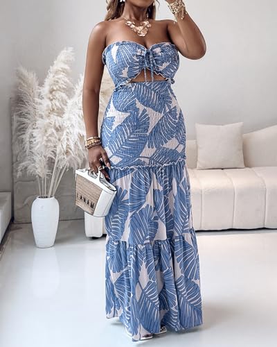 CHICME Floral Printed Prom Dress Tie Ruched Shirred Bandeau Party Dress Slim Fit Ruffle Hem Vacation Dresses