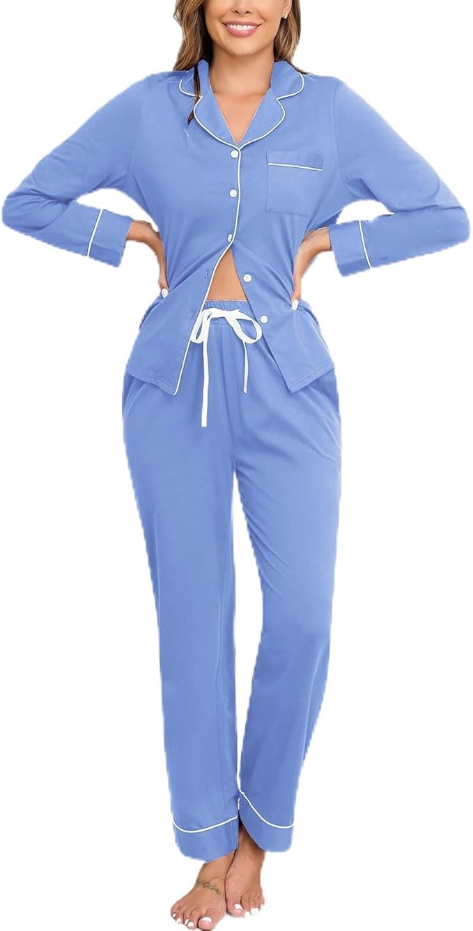 Veseacky 100% Cotton Pajamas for Women Set Long Sleeve Button Down Sleepwear Soft Pjs Lounge Sets with Pockets XS-XXL