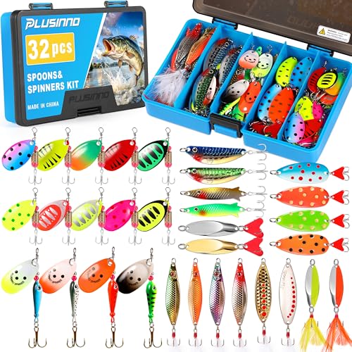 PLUSINNO Fishing Lures Spinner baits for Bass - 16/32 pcs Spinner Lures Kit with Portable Carry Bag, Hard Metal Spinner Ba...