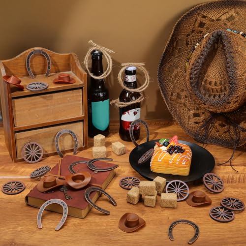 Ovveroche 40 Pcs Western Party Centerpieces for Table Mini Cowboy Hats Mini Horseshoes Wagon Wheels Hay Bales Twisted Hemp...