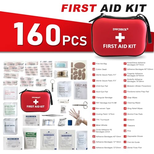DWCHECK 160 Piece Mini First Aid Kit, Compact Waterproof Hard Shell Small Emergency Medical Kit for Travel, Car, Home, Off...