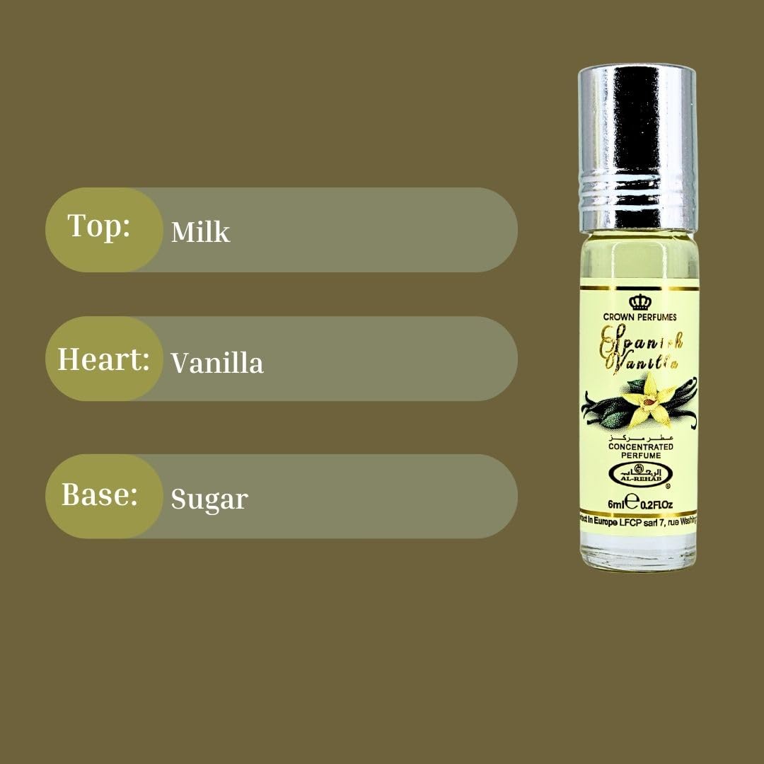 Al-Rehab Spanish Vanilla Perfume Oil 6ML (0.2 Oz) (PACK OF 3) - Arabian Perfume Oils For Women - Long Lasting Concentrated Perfume Oil - A Luxurious Soft & Sweet Women's Fragrance For An Elegant Touch