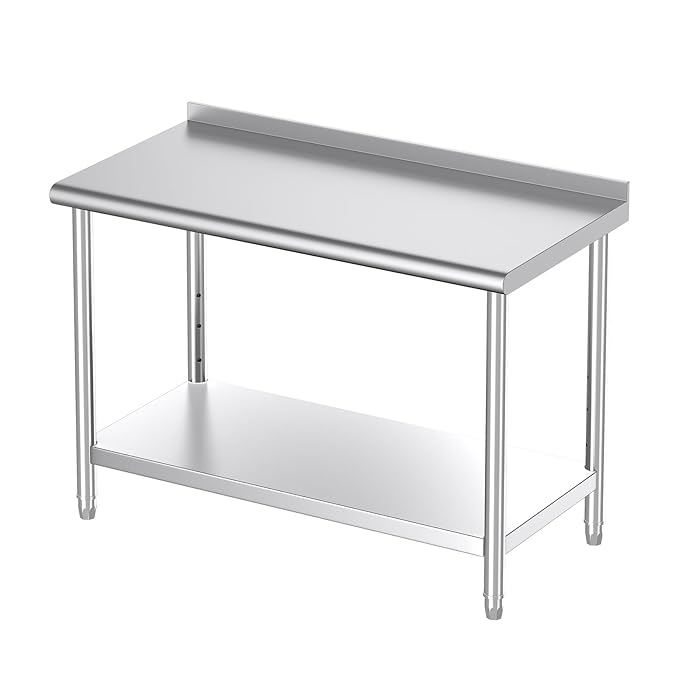 Mioleu Commercial Stainless Steel Table 48 x 24 Inches Heavy Duty Prep & Work Metal Desk with Blacksplash & Adjustable Undershelf for Kitchen Restaurant Home Garage Warehouse