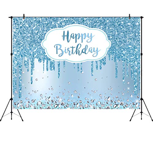 Aperturee 7x5ft Blue Happy Birthday Backdrop Glitter Diamonds Girls Sweet 16 18th 21st 30th 40th 50th Women Photography Ba...