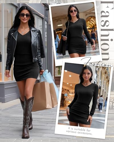 Oakgarden Women's Pullover Sweater Dress Long Lantern Sleeve Ribbed Knit V Neck Ruched Bodycon Mini Dress 2025 Fashion