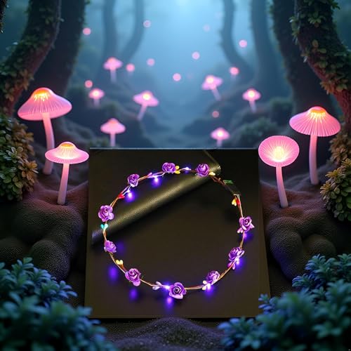 GANPUB LED Flower Headband, Light Up Flower Crown Garland Headband Flower Headdress Floral for Girls Hair Accessories Birt...