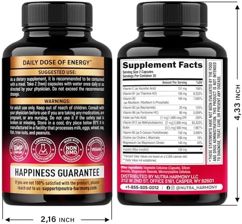 Vitamin B Complex for Men & Women - Made in USA - B-Complex: B1, B2, B3, B5, B6, B7, B8, B9, B12 with Vitamin C, Choline, Inositol - Energy, Brain & Heart Support Supplement, 60 Vegan Capsules