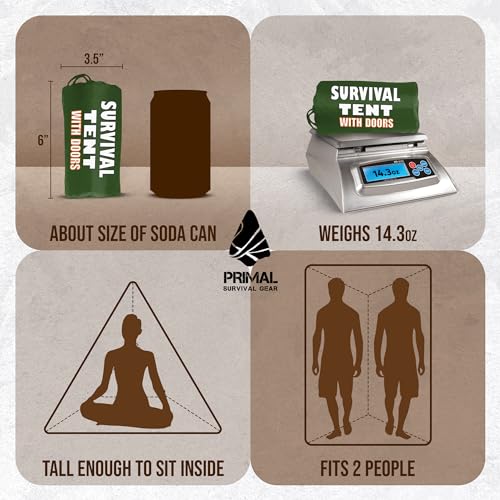 Primal Survival Gear Orange Polyester Survival Tent with Doors - Compact, Durable, All-Season Shelter for Camping, Hiking,...