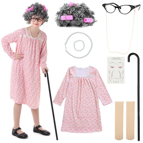 VICAMB 13PCS 100 Days of School Costume Girls Old Lady Costume Kids Grandma Dress Granny Costume Outfit