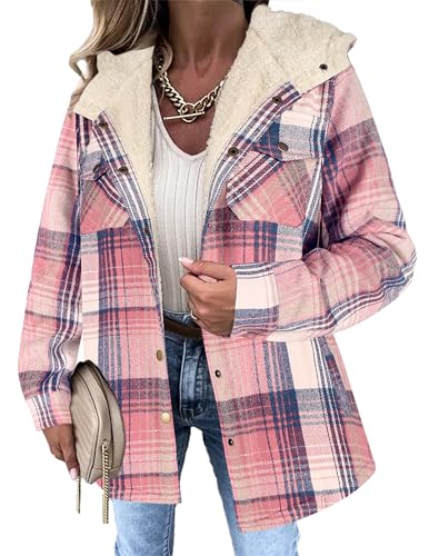 Zeagoo Womens Plaid Shacket Jacket Long Sleeve Fleece Hooded Jackets Fall Winter Warm Coat S-2XL