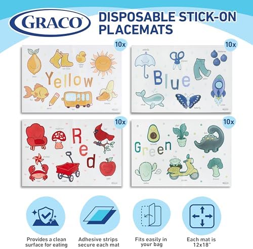 Graco Baby Disposable Stick-On Placemats, 4 Subtle Designs (10 Each), 12"x18" Sticky Placemats with Adhesive Strips for Baby Led Weaning, Home & Restaurant Use, Eco-Friendly
