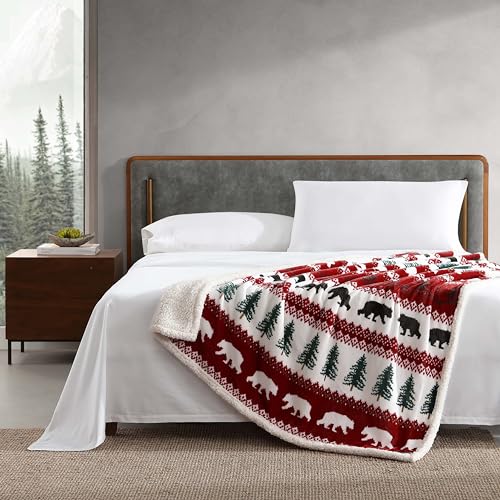 Eddie Bauer - Throw Blanket, Brushed Fleece & Plush Sherpa Bedding, Blanket for Couch & Bed (Grizzly Peak Red, 50" x 60")