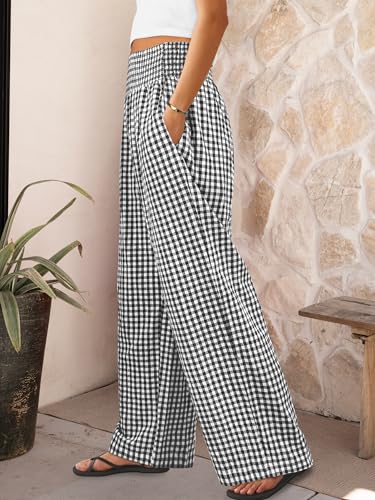 ANRABESS Womens Striped Gingham Palazzo Pants Wide Leg High Waisted Lounge Pajama Pants Cute Casual Trousers with Pockets