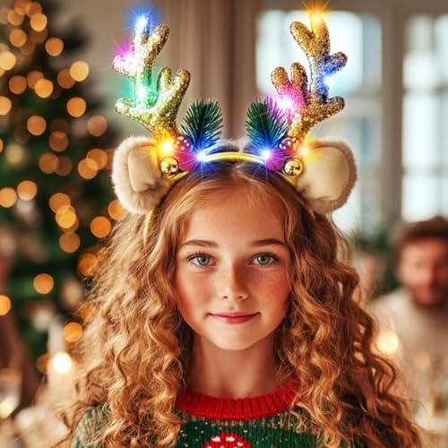 CAKURE Light Up Reindeer Antlers Headband LED Glow Christmas Headbands Deer Ears Hair Bands Holiday Xmas Headwear for Women
