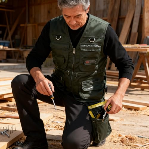 1PC Men's Heavy Duty Lined Vest with 10 Pockets, Warm Padded Sleeveless Jacket for Fishing, Hiking, Photography, Work Oliv...