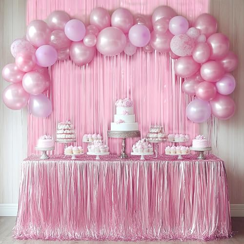 4 Packs Pastel Pink Foil Fringe Curtain, Baby Pink Metallic Tinsel Backdrop for Birthday, Wedding, Baby Shower, Princess B...