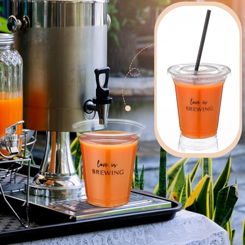 50 Set Love Is Brewing Bridal Shower Cup Disposable Wedding Coffee Cups Bulk Clear Plastic Drinking Iced Cup Wedding Coffe...