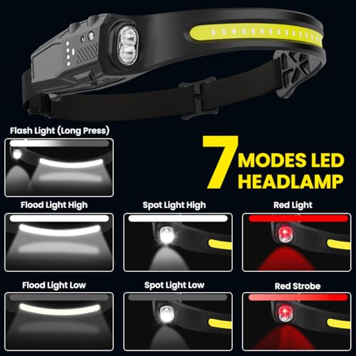 Headlamp Rechargeable 3Pack, 230° Wide Beam LED Headlamp, 7Mode Headlamps for Adults, Head Lamp with Motion Sensor, Red Li...