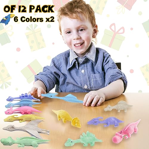 Dinosaur Toys for Kids Stocking Stuffers 12pcs Slingshot Dinosaur Finger Toys for Boys Party Favors, Bulk Flying Sticky Di...