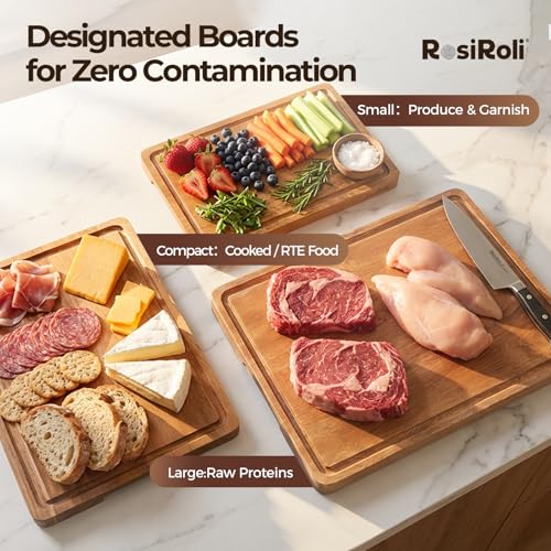 RosiRoli Acacia Wood Cutting Board for Kitchen, Set of 3 - Durable 1" Thick Chopping Boards with Juice Grooves & Handles f...
