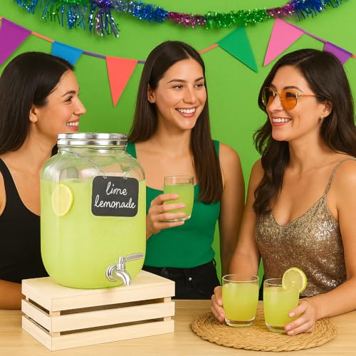 2 Gallon Extra Large Iced Beverage Dispenser with Ice & Fruit Infusers – Glass Mason Jar Drink & Beverage Container with S...
