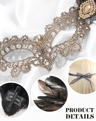 Zinniday Halloween Feather Masquerade Masks - 1920s 50s Antique Lace Venetian Mask for Women Renaissance Cosplay Party