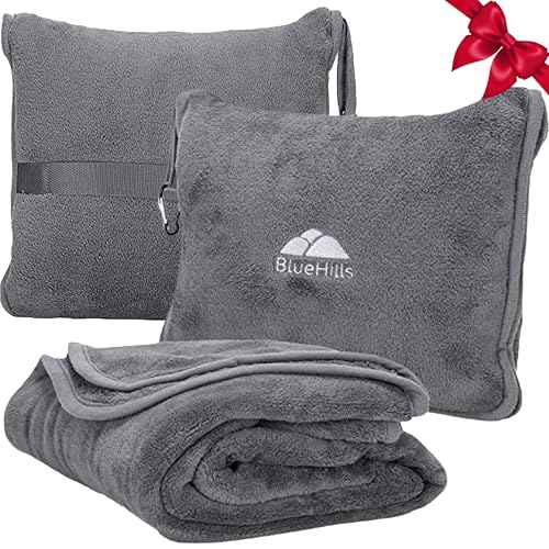 BlueHills Premium Soft Travel Blanket Pillow Airplane Flight Blanket Throw Bag Pillowcase Compact Large 2 in 1 Combo Warm Traveling Plane Essentials Portable Gifts Lightweight Grey Gray T007