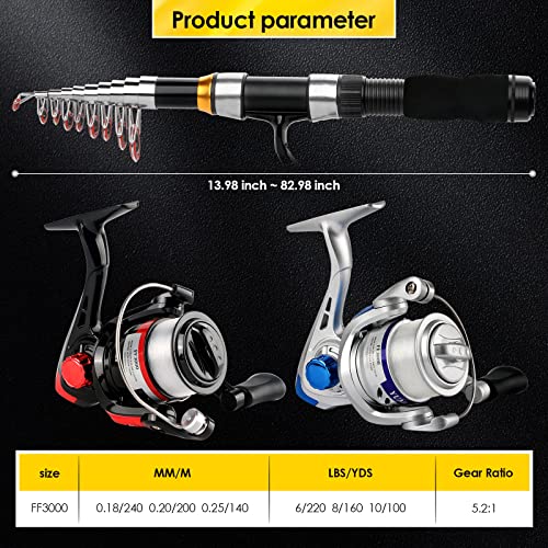 Telescopic Fishing Rod Reel Combo 2PCS 6.89FT Collapsible Fishing Pole Spinning Reel Lures Accessories with Fishing Bag Po...