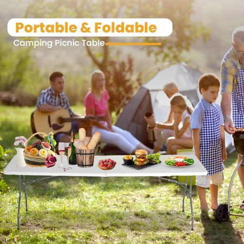 FDW 6FT Folding Table, Portable Fold-in-Half Plastic Picnic Party Table with Carrying Handle （White, 6FT）