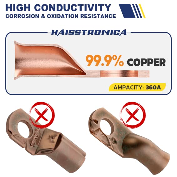 haisstronica 10pcs 4/0 AWG - 3/8"(M10) Battery Cable Lugs, Heavy Duty Copper Wire Lugs with 10pcs 3:1 Adhesive Heat Shrink Tubing, 0000 Gauge Wire Lugs, Battery Terminal Connector, Battery Cable Ends