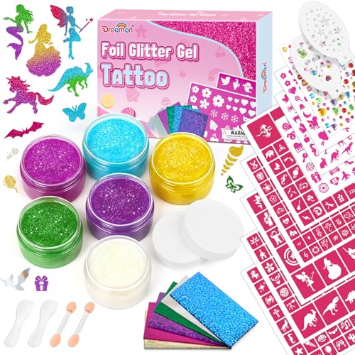 Dreamon Temporary Glitter Tattoo Kit for Kids with 6 Colors No-mess Glitter Gel, 325 Unique Stencils - Adult & Kids Body A...