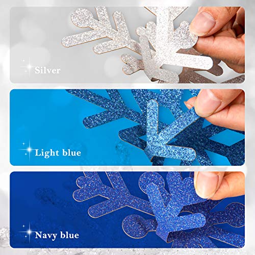 Whaline Snowflake Cut-Outs 48Pcs Glitter Blue Silver Snowflake Cutouts Double-Sided Holiday Cut-Outs with Glue Point for W...