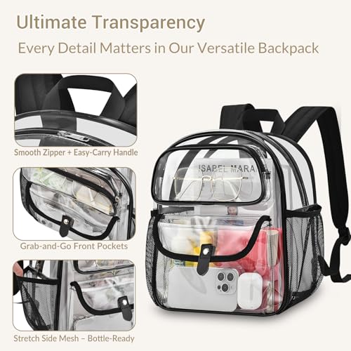 SPODEARS Clear Stadium Backpack for Sports Events, Festival, Travel - 12x6x12 PVC Backpack Multi-Pocket Design, Black