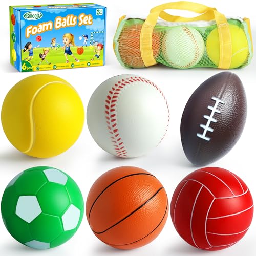 Billeeit Mini Sports Balls Set for Toddler 1-3, Sports Bag for Kids, Include 1 Each of 3.5" Foam Soccer, Tennis Ball, Bask...