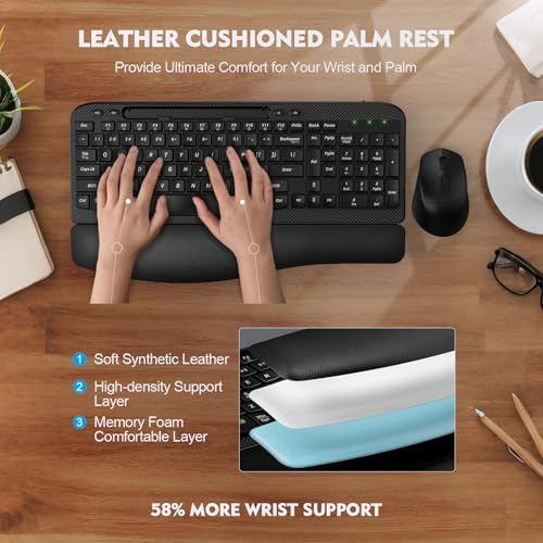 Wireless Keyboard and Mouse Combo, Wave Keys Full-Sized Ergonomic Keyboard with Cushioned Plam Rest, Phone Holder, Comfort...