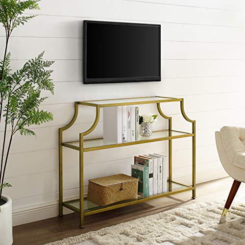 Crosley Furniture Aimee Sofa Console Table with Storage Shelves for Hall, Entryway, or Living Room, Gold and Glass