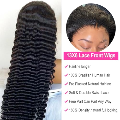 13x6 Deep Wave Lace Front Wigs Human Hair Wig 180 Density Deep Curly Lace Frontal Glueless Human Hair Lace Front Wig Pre Plucked Natural Black 24 Inch