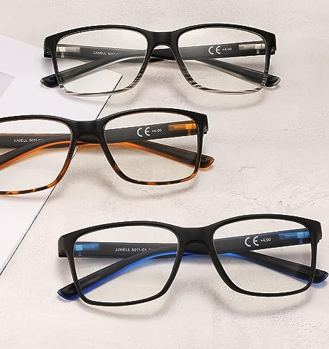 JJWELL 3 Pack Reading Glasses for Men Blue Light Blocking with Spring Hinge, Anti Eyestrain/Dryness/UV Large Wide Square R...