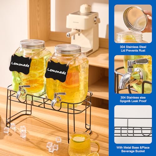 1 Gallon Glass Drink Dispensers for Parties, 2PACK Beverage Dispenser with Stand, Fruit Infuser and Stainless Steel Spigot...