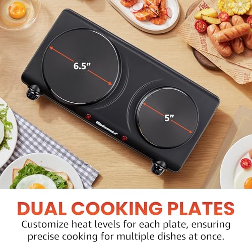 Elite Gourmet EDB-302BF# Countertop Double Cast Iron Burner, 1500 Watts Electric Hot Plate, Temperature Controls, Power In...